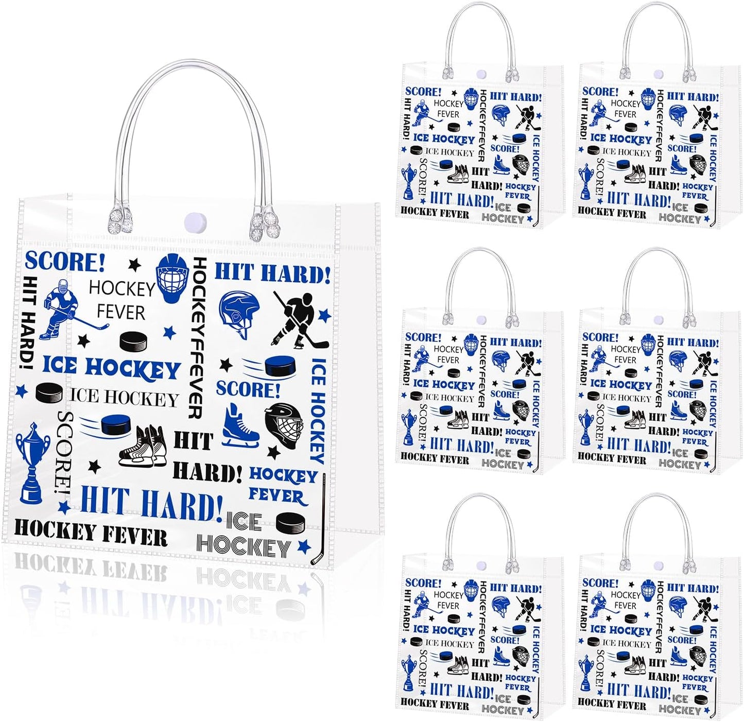 Liobelon 24 Pieces Transparent Ice Hockey Goodie Bags Hockey Clear PVC Gift Bag with Handles 7.9 x 7.9 x 3.1Inch Sport Theme Party Favor Bags for Birthday Holiday Sports Team Game Celebration