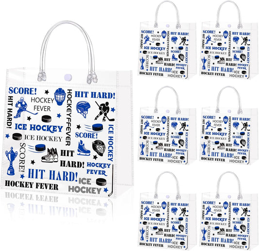 Liobelon 24 Pieces Transparent Ice Hockey Goodie Bags Hockey Clear PVC Gift Bag with Handles 7.9 x 7.9 x 3.1Inch Sport Theme Party Favor Bags for Birthday Holiday Sports Team Game Celebration