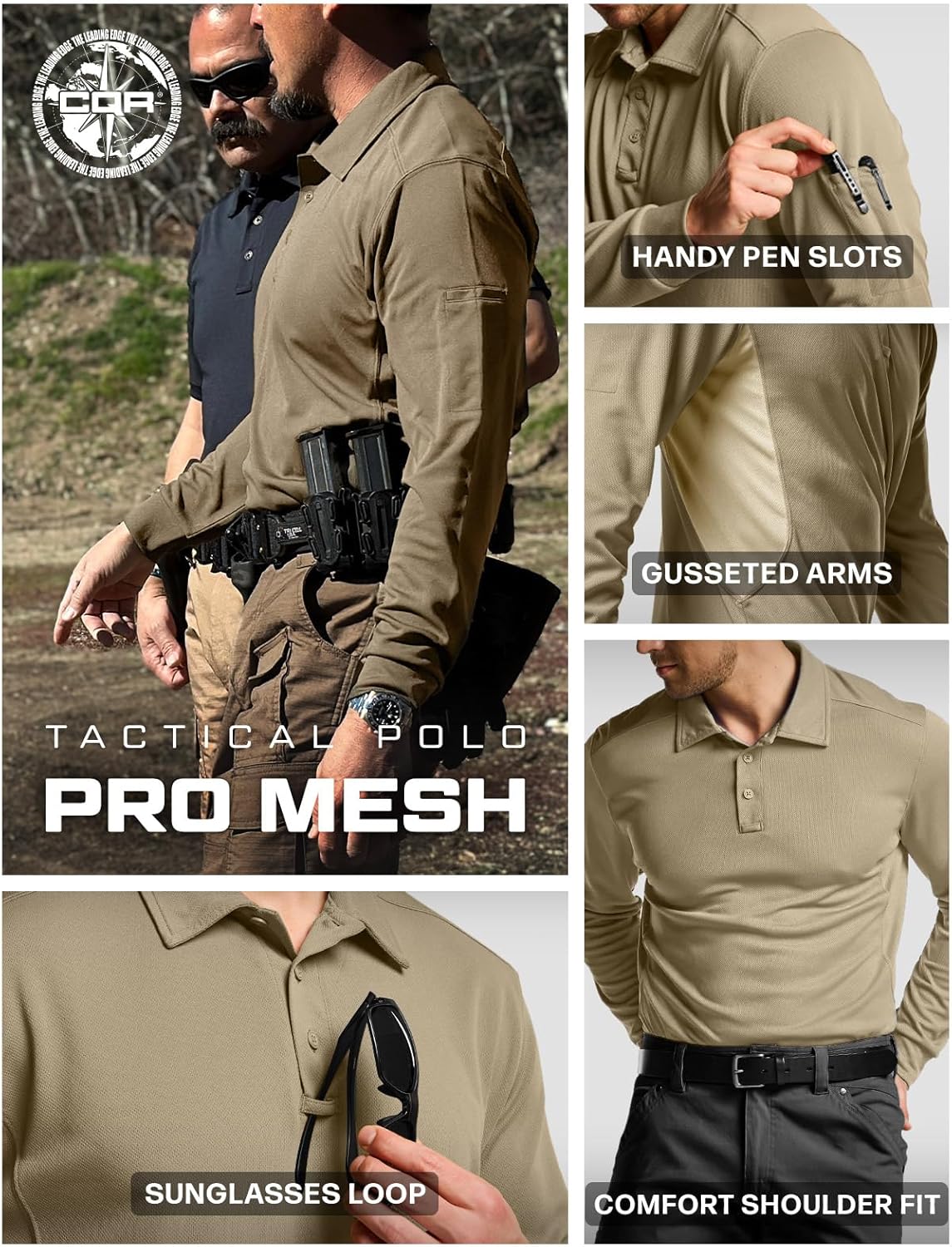 CQR Men's Polo Shirt, Long Sleeve Tactical Shirts, Outdoor UPF 50+ Pique Shirt, Dry Fit Lightweight Golf Shirts