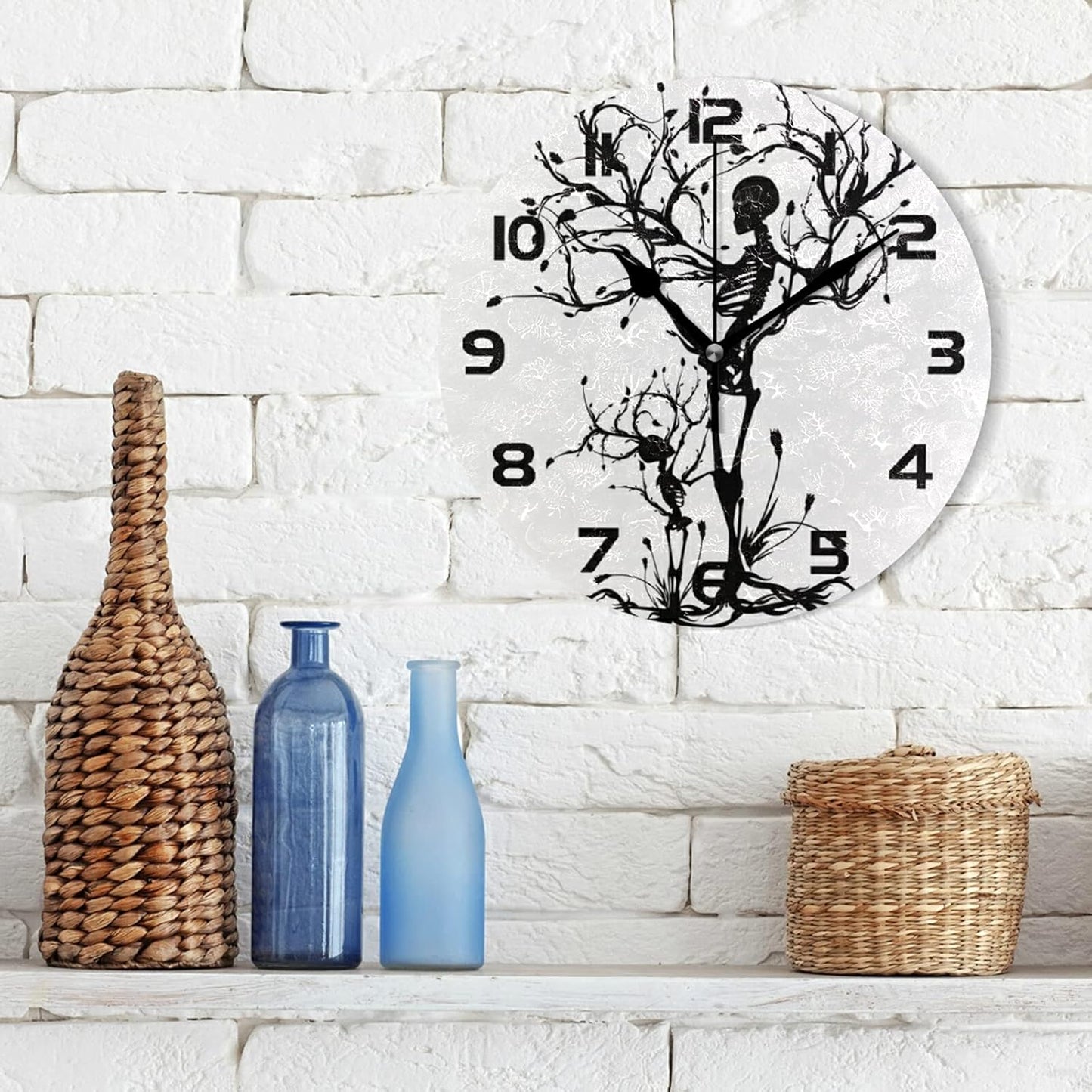 Skull Skeleton Tree Wall Clock Silent Non-Ticking,Halloween Gothic 9.5 Inch Round Wall Clock Battery Operated Clock Decor for Home Wall Bathroom Kitchen Bedroom Living Room Office Classroom Patio