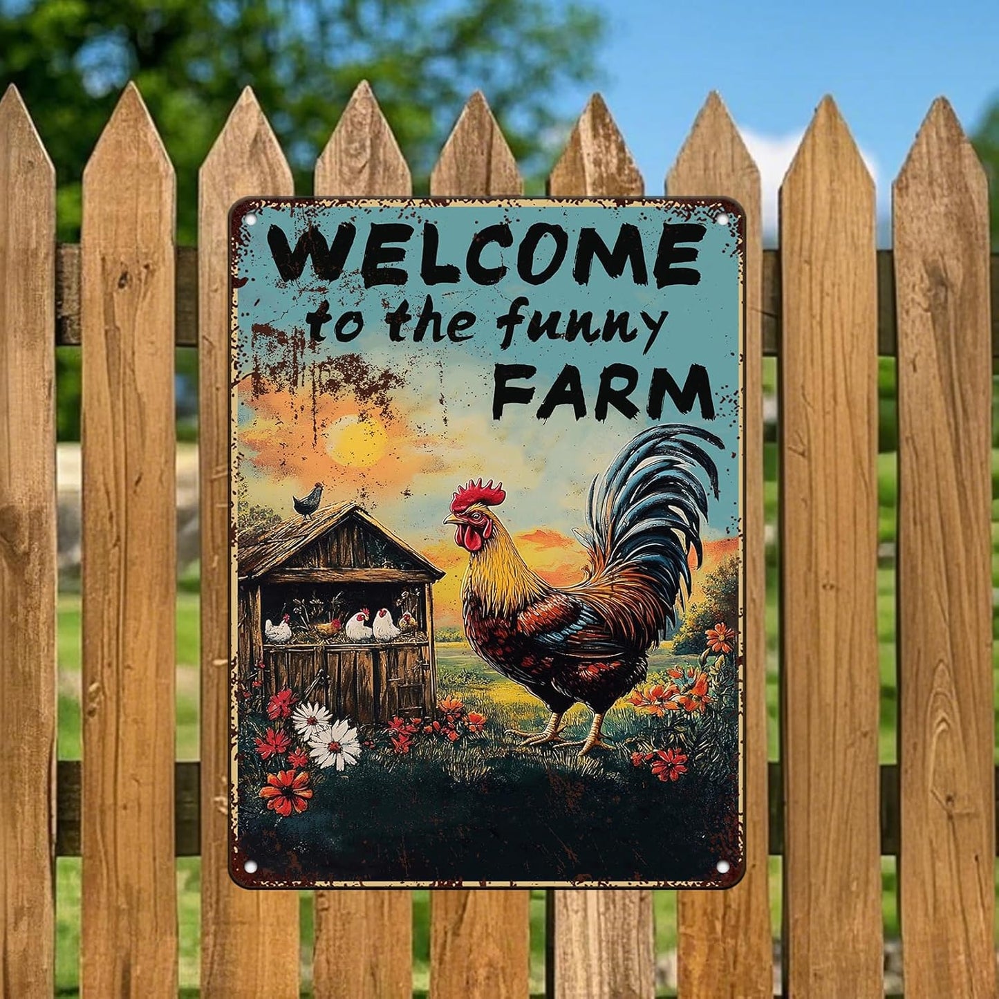 Vintage Chicken Coop Metal Signs Welcome To My Funny Farm Sign Retro Aluminum Sign For Home Garden Outdoor Yard Farmhouse 12x16 Inch