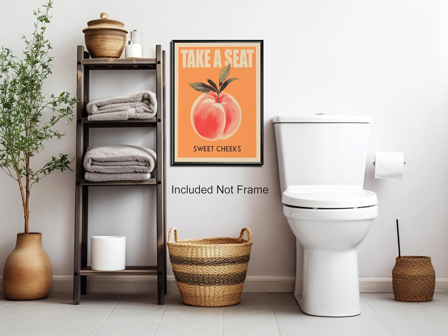 Take a Seat Sweet Cheeks Poster, Funny Bathroom Wall Art Peach Bum Art Canvas Print, Minimalist Preppy Orange Pink Wall Decor for Dorm Toilet 12x16in Unframed