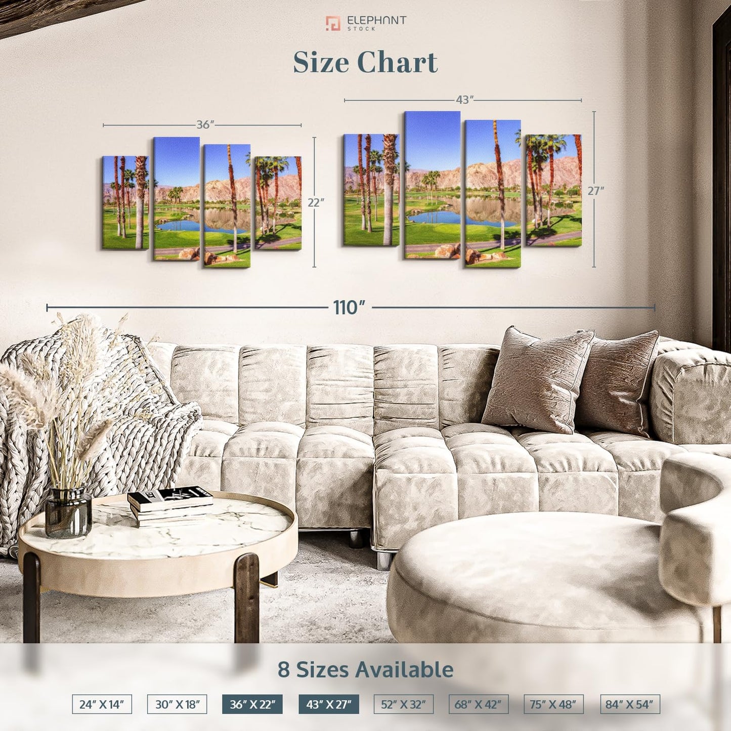 ElephantStock La Quinta Golf Course Wall Art - Horizontal Canvas - 4-Piece Living Room Wall Decor - Photography Sports Canvas Print - Beige and Brown Decor for Wall - 43" X 27"