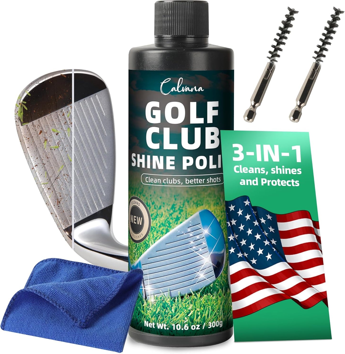 Golf Club Polish Kit, Instant Rust & Scratch Remover with 2 Cleaning Brushes & Microfiber Towel, Works on Drivers, Irons, Aluminum, Zinc, Restores & Shines
