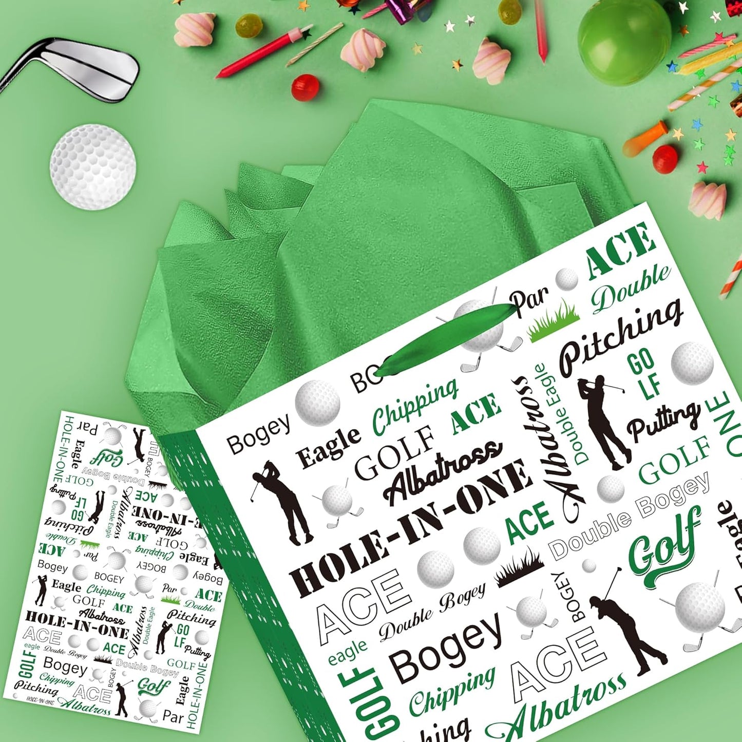 EoBeCy Golf Gift Bag with Handles, Tissue Paper and Greeting Card, Green Golf Wrapping Paper for Men Boys Kids Sports Themed Birthday Party Favors Supplies Decorations