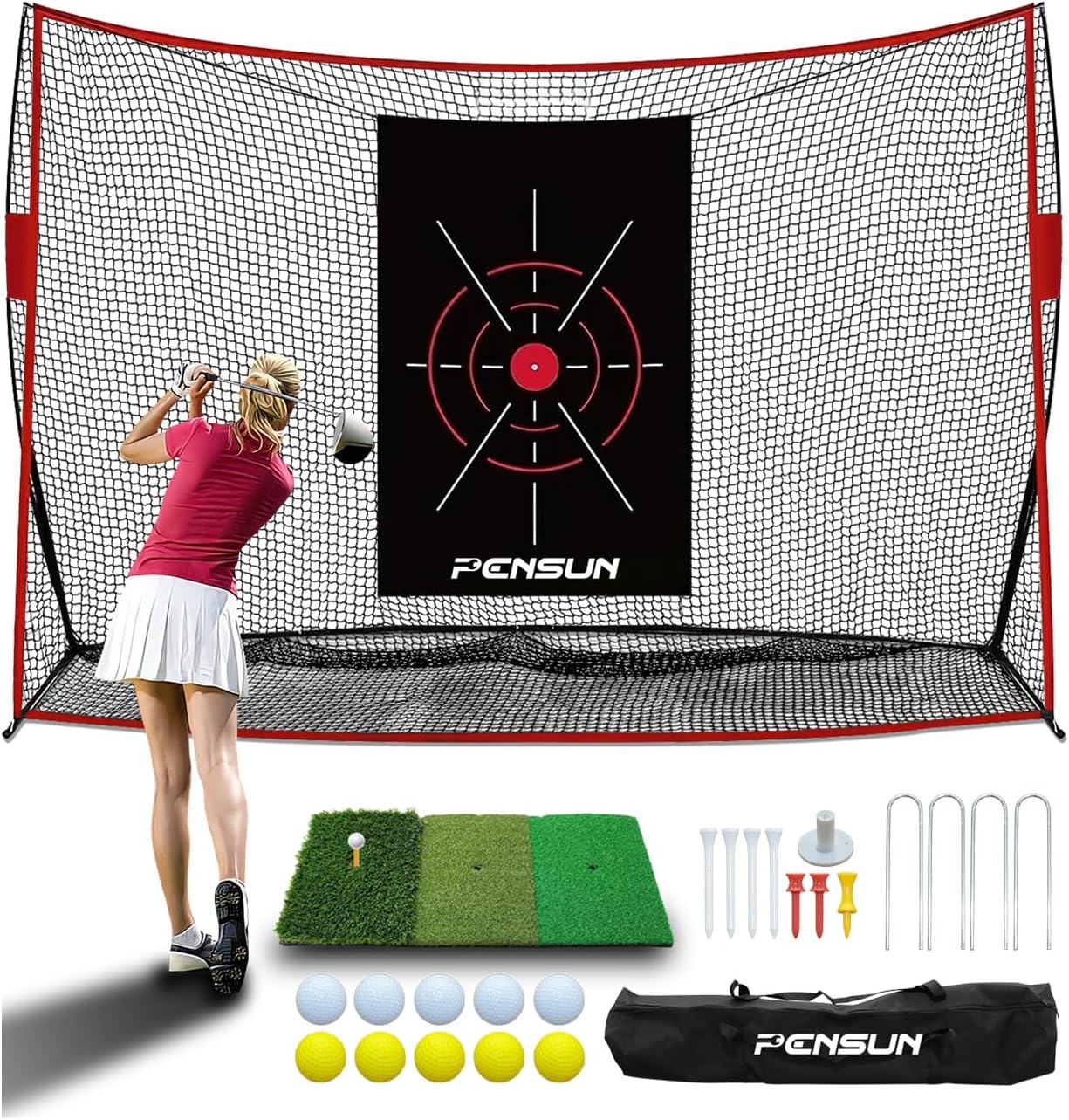 PENSUN Golf Practice Hitting Net - 10x7ft Heavy Duty Golf Net with Mat, Target Cloth, 8 Tees, 10 Balls, Carry Bag for Backyard Driving, Indoor & Outdoor Training