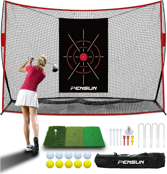 PENSUN Golf Practice Hitting Net - 10x7ft Heavy Duty Golf Net with Mat, Target Cloth, 8 Tees, 10 Balls, Carry Bag for Backyard Driving, Indoor & Outdoor Training