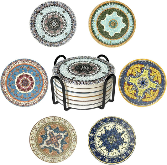 Coasters Absorbent Ceramic Coaster Drink Coasters with Cork Back Persian Pattern Set of 6 Round Coaster Non Slip for Coffee Table Wine Glass Home Bar 4 Inch, Colorful