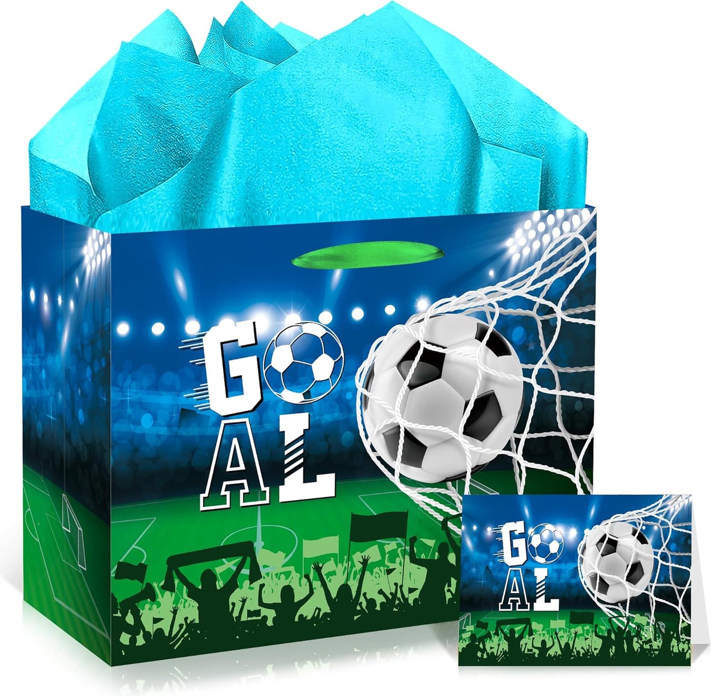 EoBeCy Large Soccer Gift Bag: Goal Wrapping Paper Gift Bags with Handles, Tissue Paper and Greeting Card, Reusable Birthday Gifts for Boys Kids Teens Men Team Sports Party Favor Bags