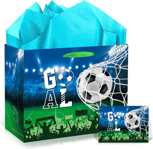 EoBeCy Large Soccer Gift Bag: Goal Wrapping Paper Gift Bags with Handles, Tissue Paper and Greeting Card, Reusable Birthday Gifts for Boys Kids Teens Men Team Sports Party Favor Bags