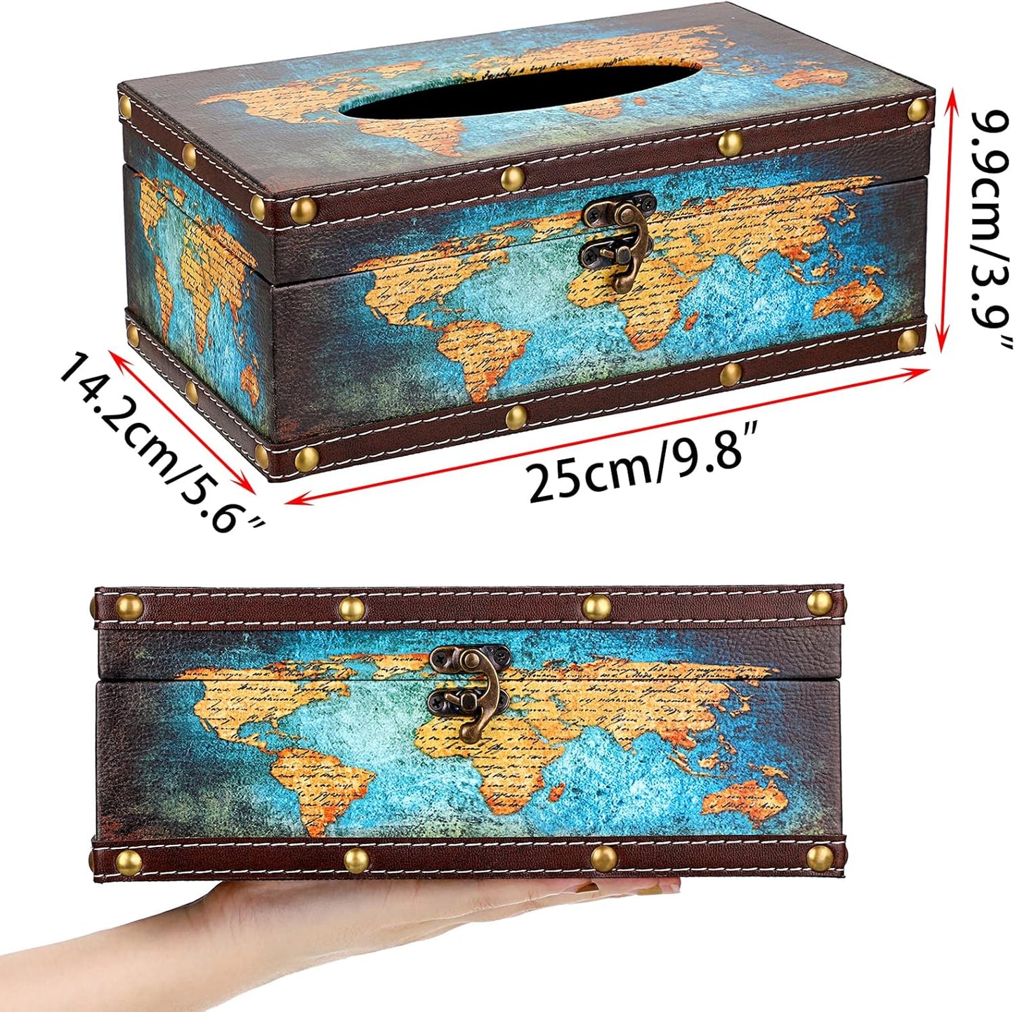 Sumnacon Tissue Box Cover Rectangle Wooden Tissue Box with Lid, Vintage Tissue Box Holder with Retro Pattern, Rustic Tissue Cover for Bathroom Toilet Living Room Table Desk Office Decor,Green Map