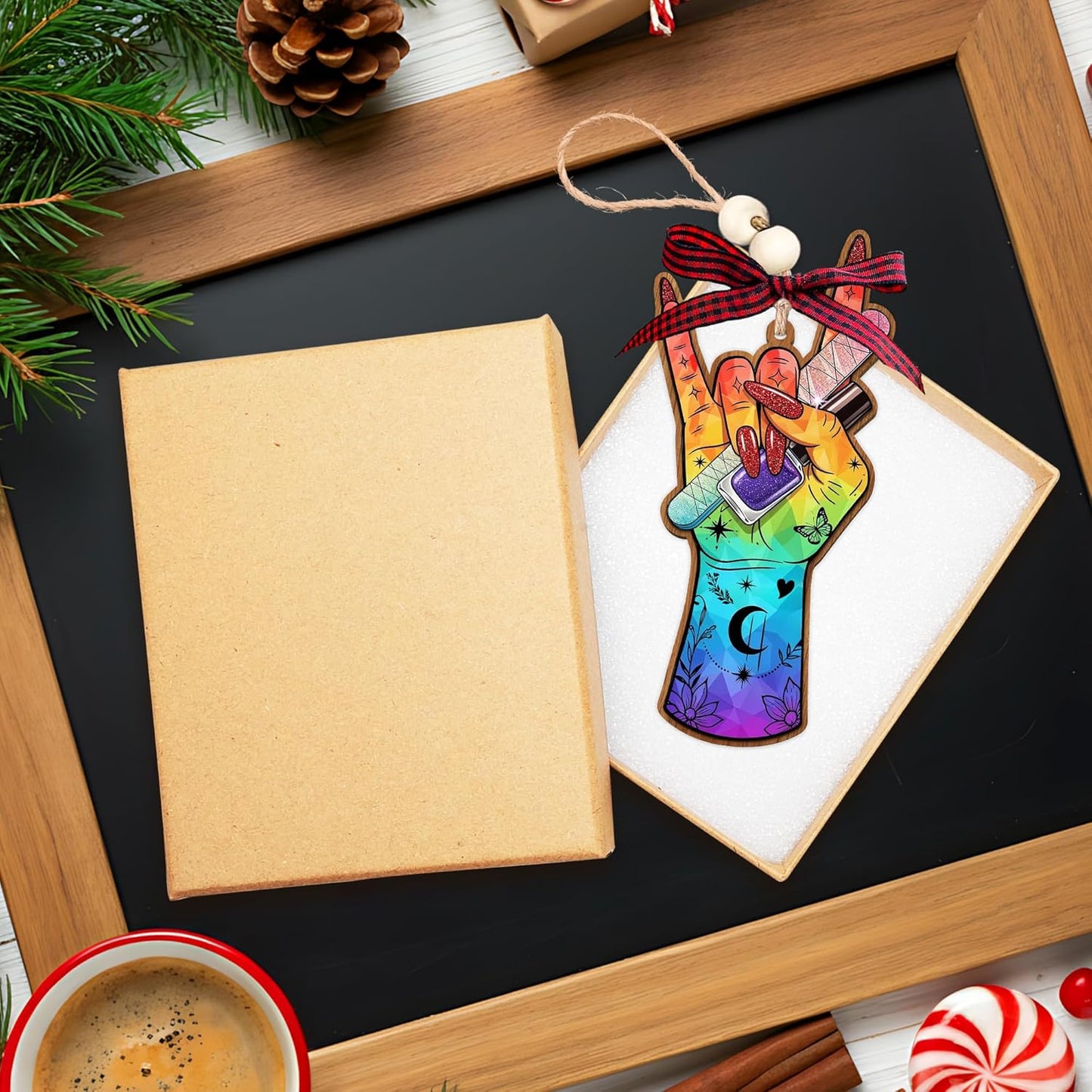 HEXMOZ Nail Tech Christmas Ornament - Nail Tech Gifts for Women - Christmas Ornaments for Nails Artist, Technicians, Lovers, Rock Style Holiday Decorations - Acrylic Wood Ornament for Tree