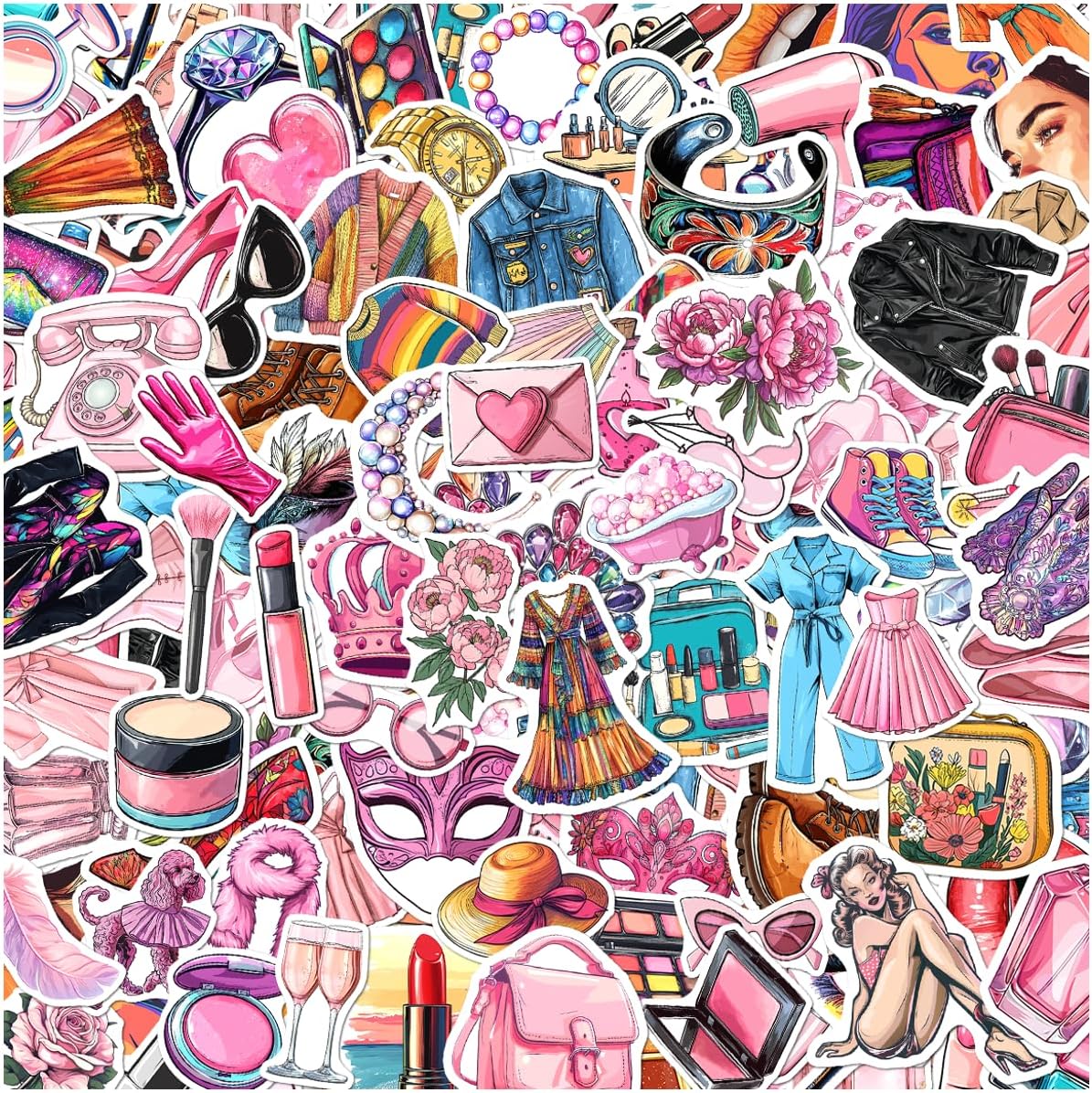 108Pcs Beauty Fashion Makeup Stickers for Girls and Women Vinyl Waterproof Decals Laptop Phone Scrapbook Journal Cute Cosmetic Accessory Themed Sticker Pack Skateboard