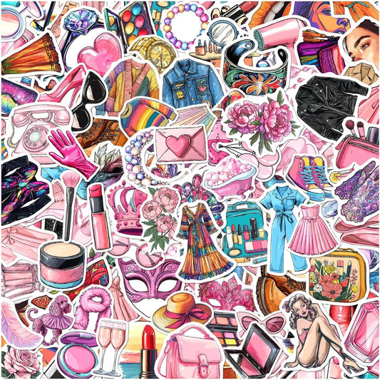 108Pcs Beauty Fashion Makeup Stickers for Girls and Women Vinyl Waterproof Decals Laptop Phone Scrapbook Journal Cute Cosmetic Accessory Themed Sticker Pack Skateboard