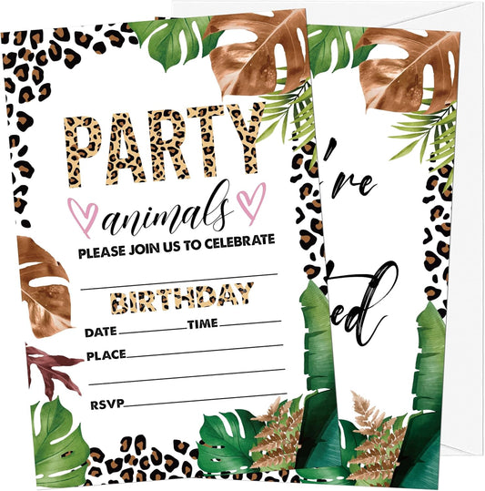 Jungle Animals Birthday Invitations, 20 Invitation Cards with Envelopes, Leopard Print Invites for Party Decorations Favor Supplies - A12