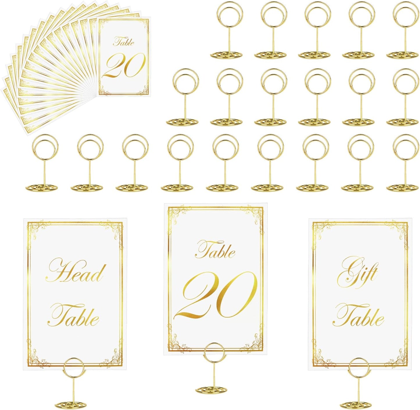 JOYIT 22 Sets Wedding Table Number 1-20 and 2 Card for Gift and Head Table, with 22 Pcs Tables Number Holders, White Gold 4" x 6" Tables Numbers for Wedding Reception(22 Set/White Gold)