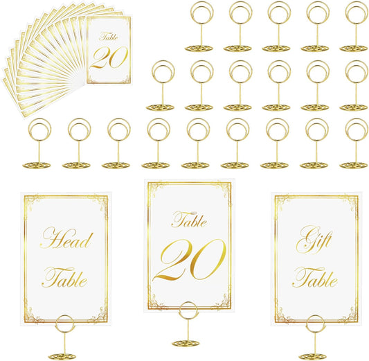 JOYIT 22 Sets Wedding Table Number 1-20 and 2 Card for Gift and Head Table, with 22 Pcs Tables Number Holders, White Gold 4" x 6" Tables Numbers for Wedding Reception(22 Set/White Gold)