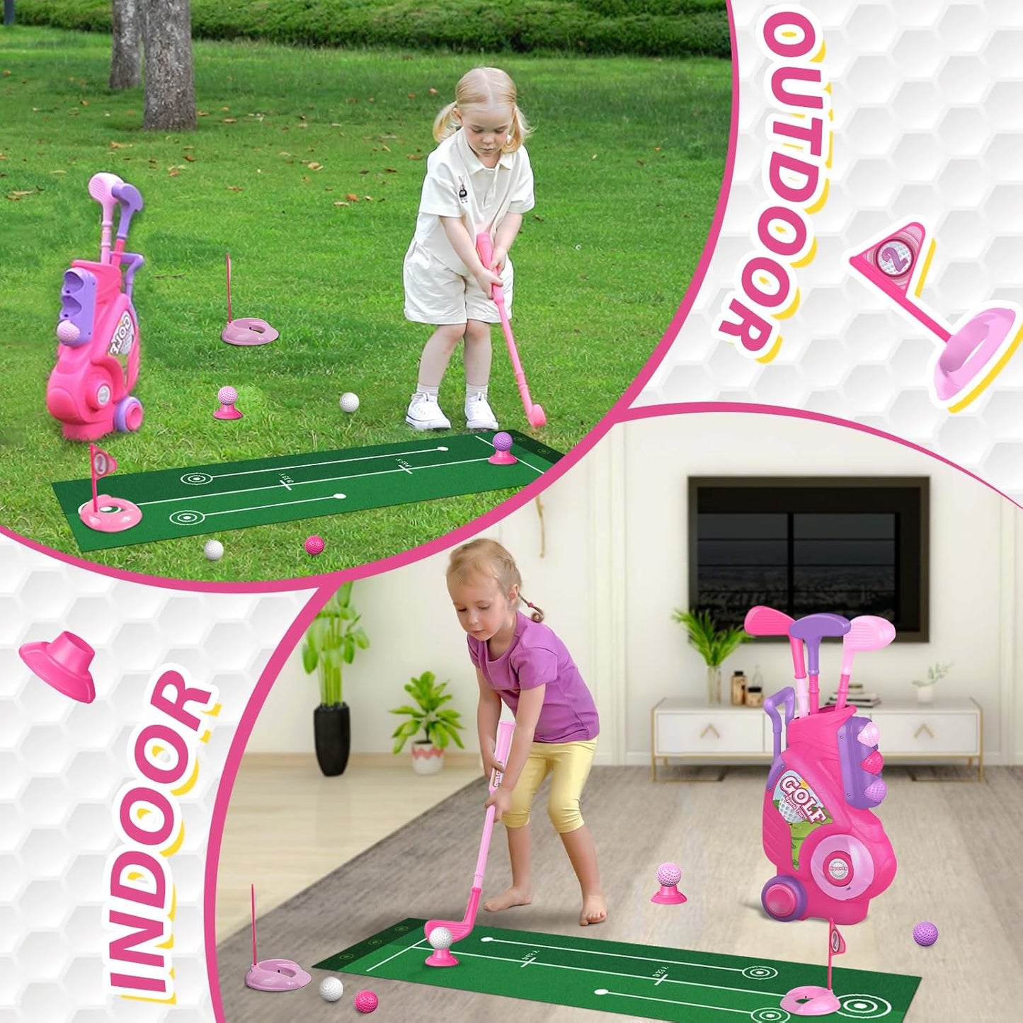 Liberry Toddler Golf Set for 2 3 4 Years Old Girls Boys, Upgraded Kids Golf Clubs Set with Golf Cart, Putting Mat, Outdoor Indoor Sports Toy Birthday, Pink