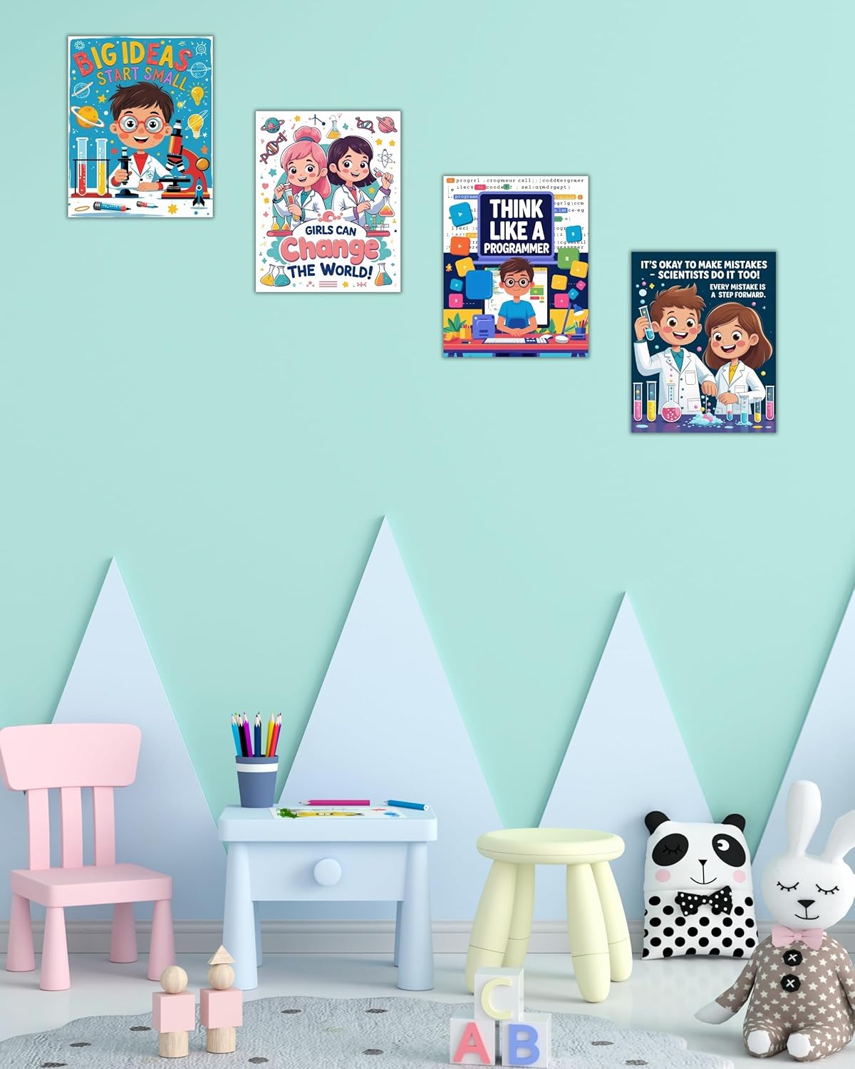 CNTG Design Motivational STEM Posters – Set of 4, 8x10 Inch Unframed Wall Art – Inspirational Science & Programming Quotes for Classroom, Study Room, or Office Decor (STEM Learning)