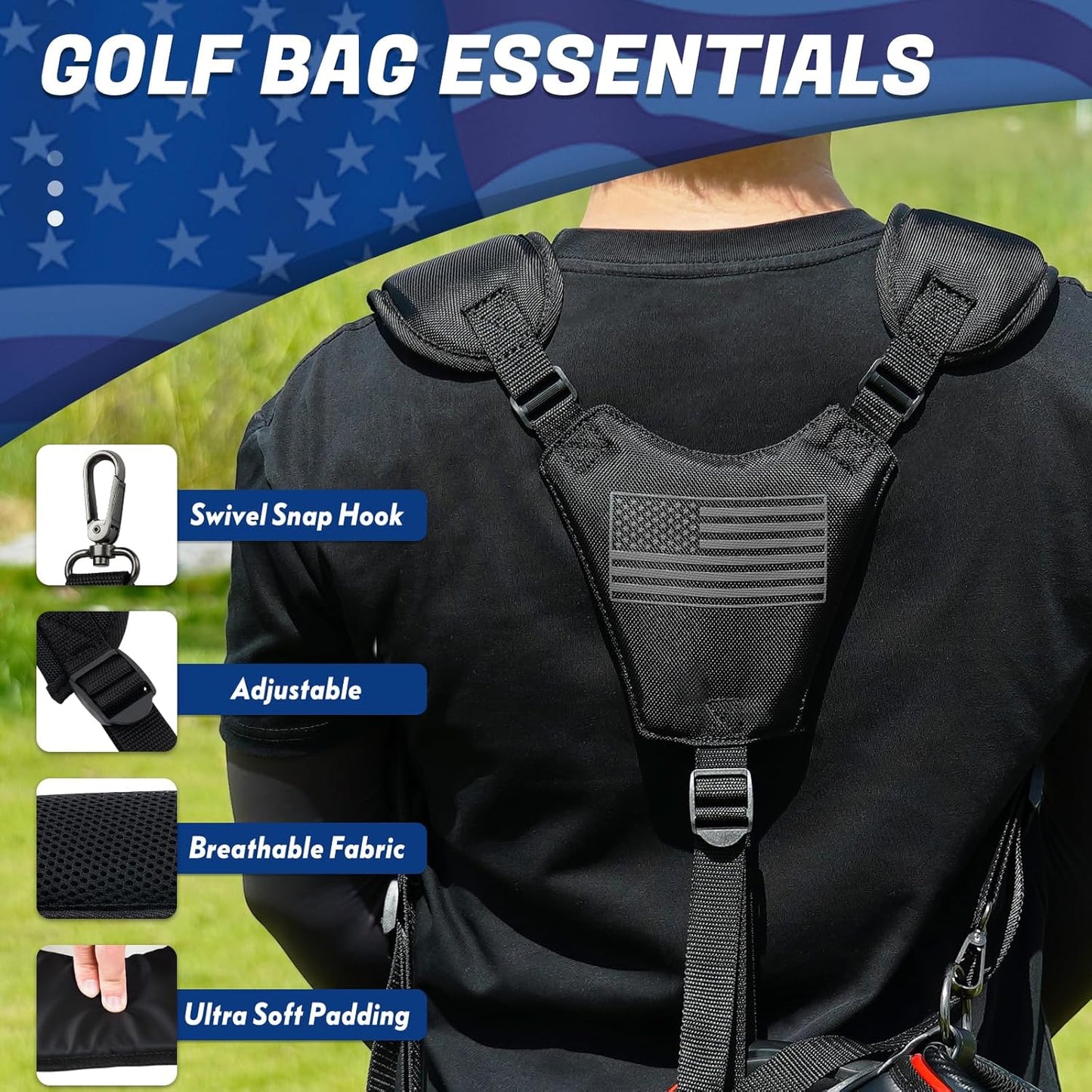Golf Bag Straps, Universal Replacement Double Shoulder Shoulder Straps, Sailcloth Golf Bag Carry Strap USA Flag