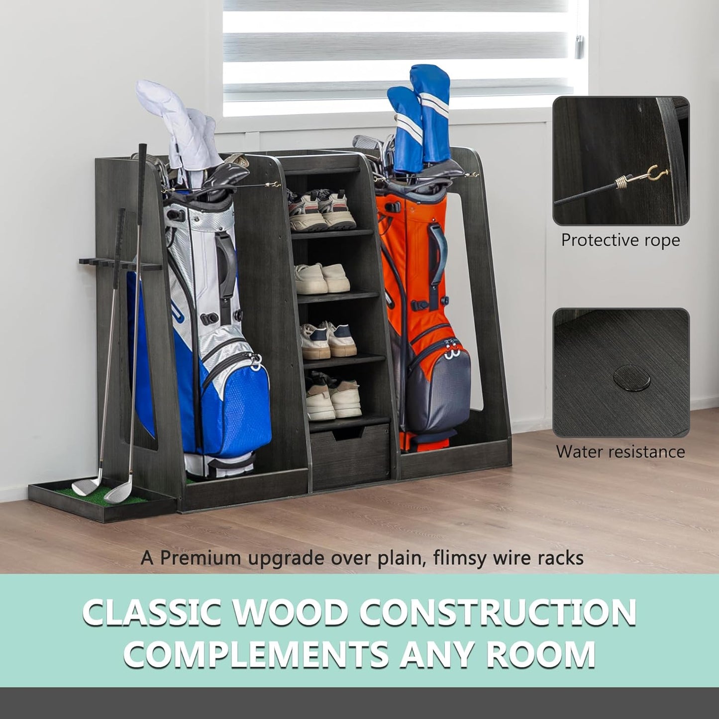 Wooden Golf Bag Organizer and Storage Rack, Wooden 2 Golf Bag Rack with Drawers, Easy to Assemble Golf Club Holder/Stand with Club Holders on Side