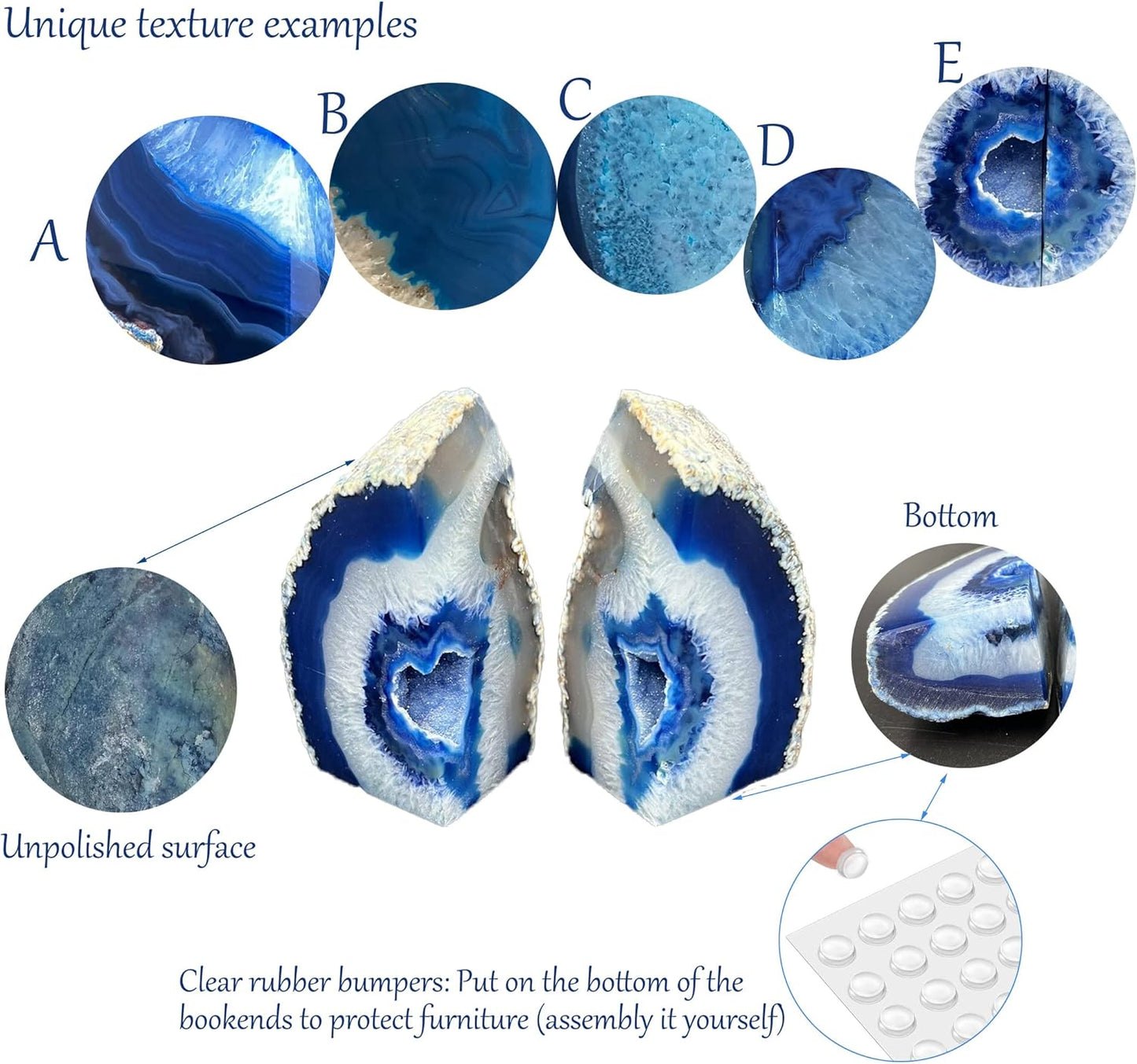 AMOYSTONE Blue Agate Stone Bookends, Heavy Sturdy Bookends for Heavy Books, Rock Crystal Book Holder, 6-8 LBS, Decorative Bookends for Home Office Desk, Perfect Housewarming Gift