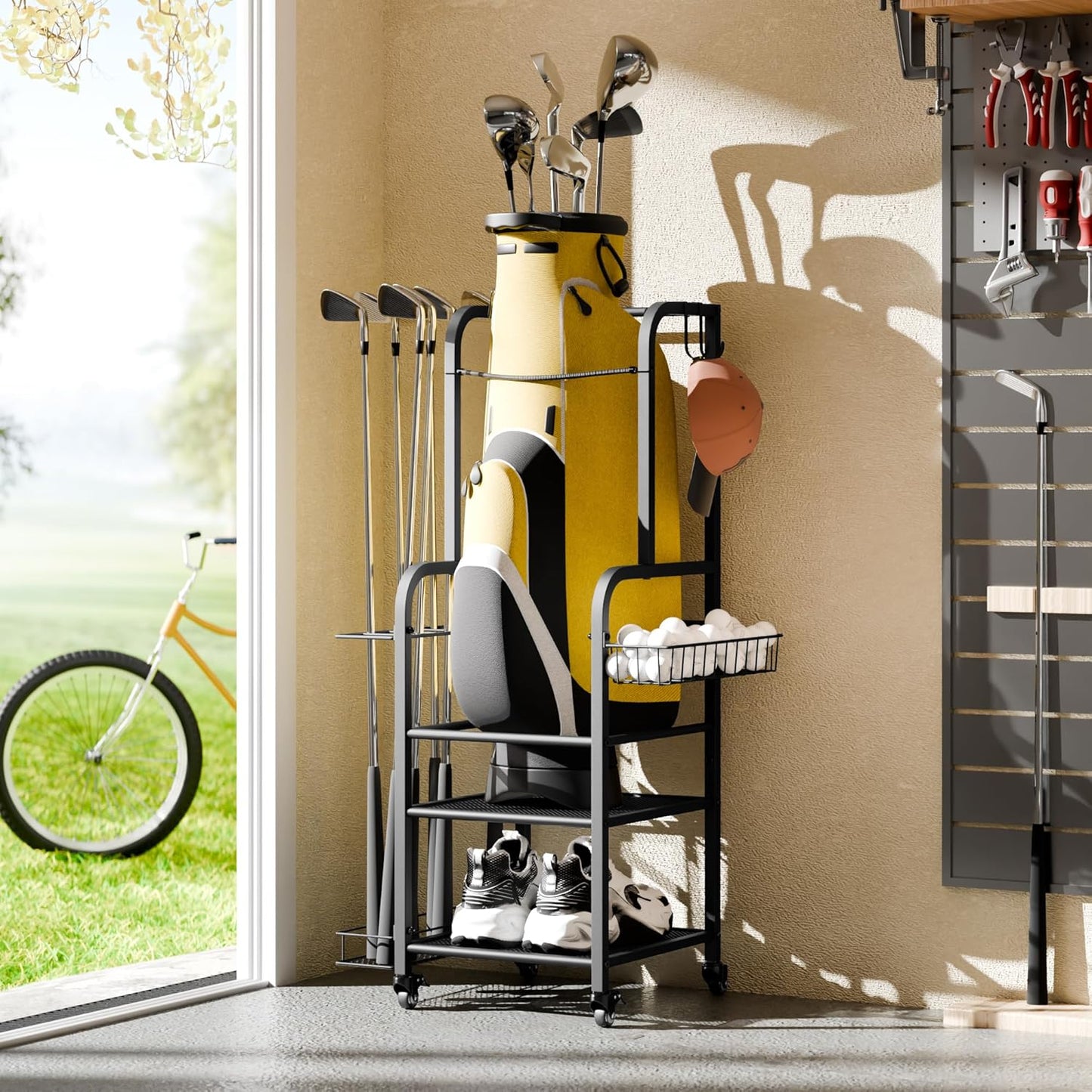 niffgaff Golf Bag Organizer Golfing Storage Stand for Garage Golf Bags Golfing Rack with Wheels Black