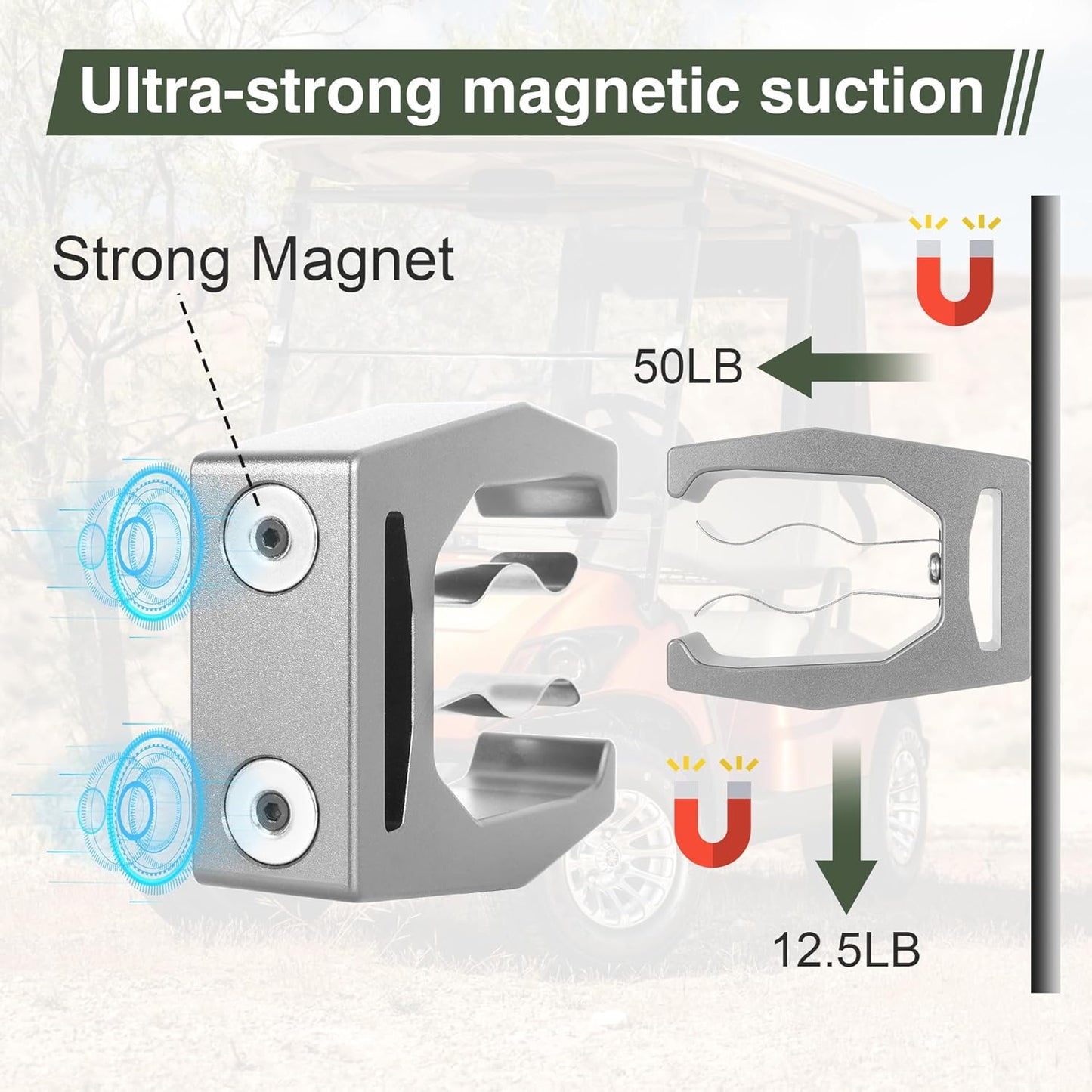 JIAYAN Magnetic Holder for Golf Cart Aluminum Alloy & Stainless Steel Clip Equip with Loop Strap Fit for Golfing, Fishing, Grilling, Camping Golf Accessory for Golf Lovers (Silver)