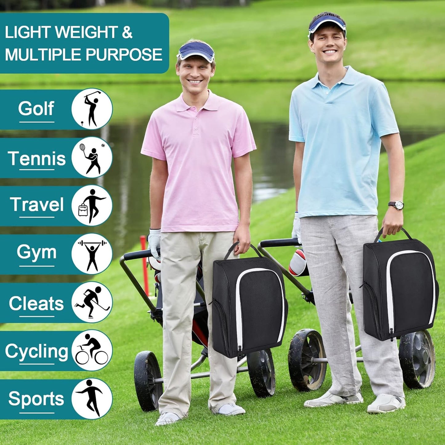 Funtery 2 Pcs Golf Shoe Bag for Travel Zippered Sports Shoe Carrier Tote Bags Golf Accessories with Ventilation Outside Pocket for Balls Tees Socks Accessories Men Women