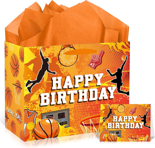 EoBeCy Basketball Birthday Gift Bags with Handles, Tissue Paper and Card, Orange Happy Birthday Wrapping Paper, Large Basketball Gift Bags for Teen Boys Girls Kids Men Sports Themed Party Favors