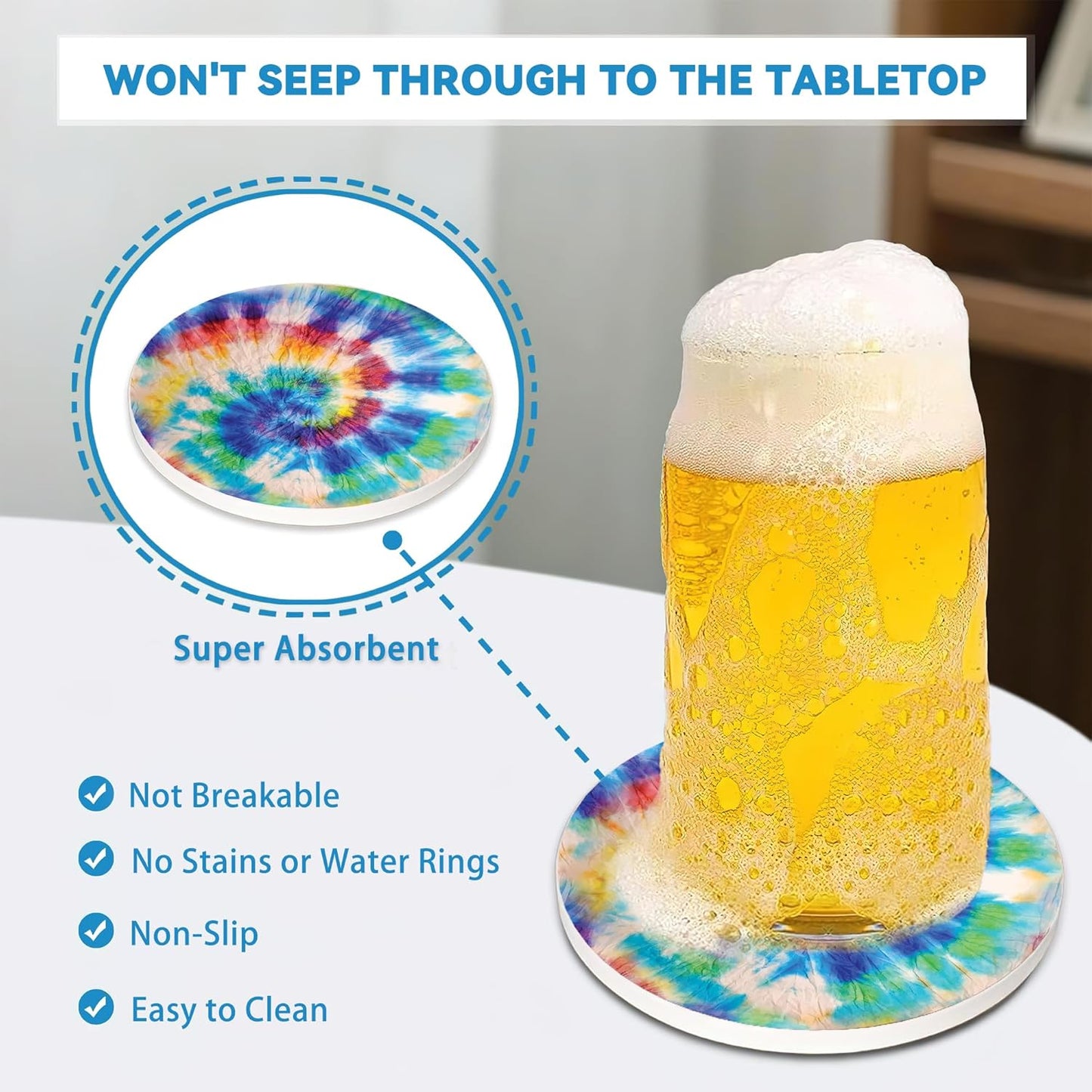 Drinks Coasters Set of 4, Rainbow Tie-Dye Round 4" Cup Coasters, Absorbent Ceramic Stone Coasters with Cork Base, Cute Coasters for Table Home Décor, Ideal Gifts for Women Men