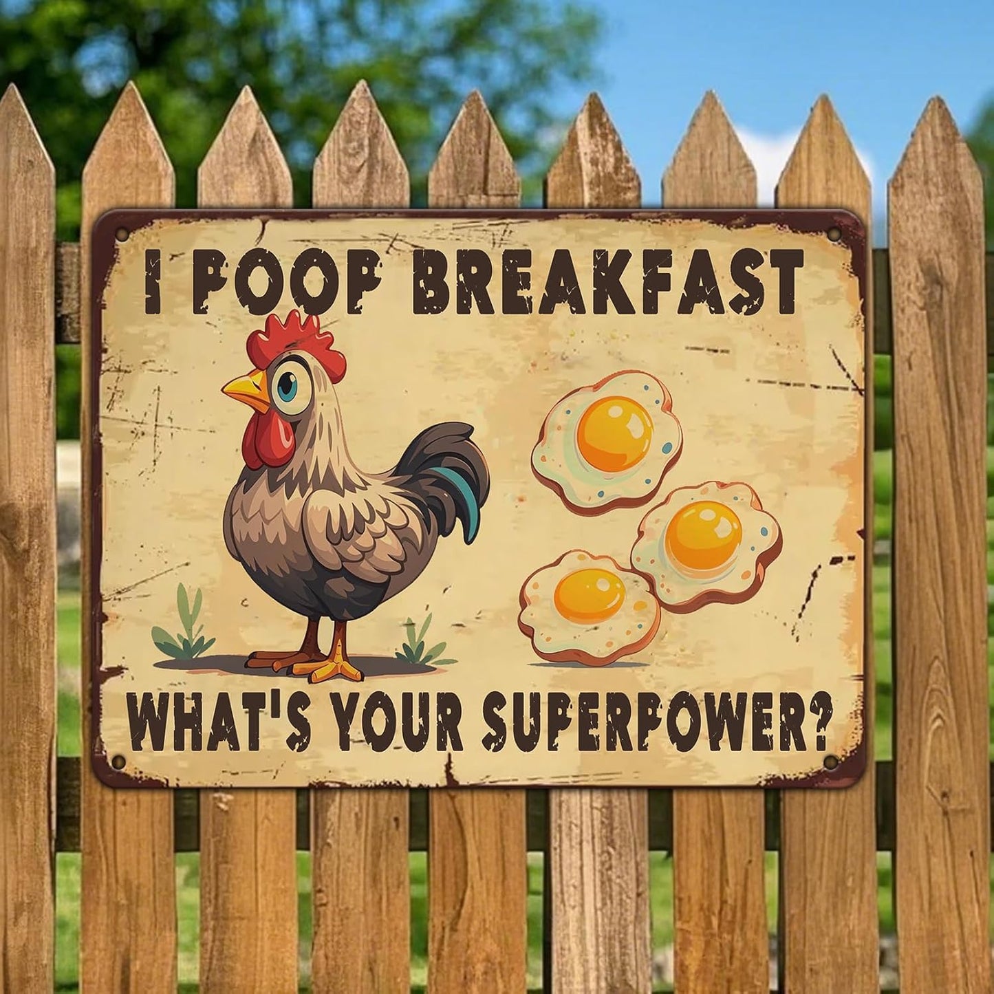 Farm Sign Chickens Pooping Breakfast Tin Sign Plaque Metal Poster 12x16 Inch Wall Decor