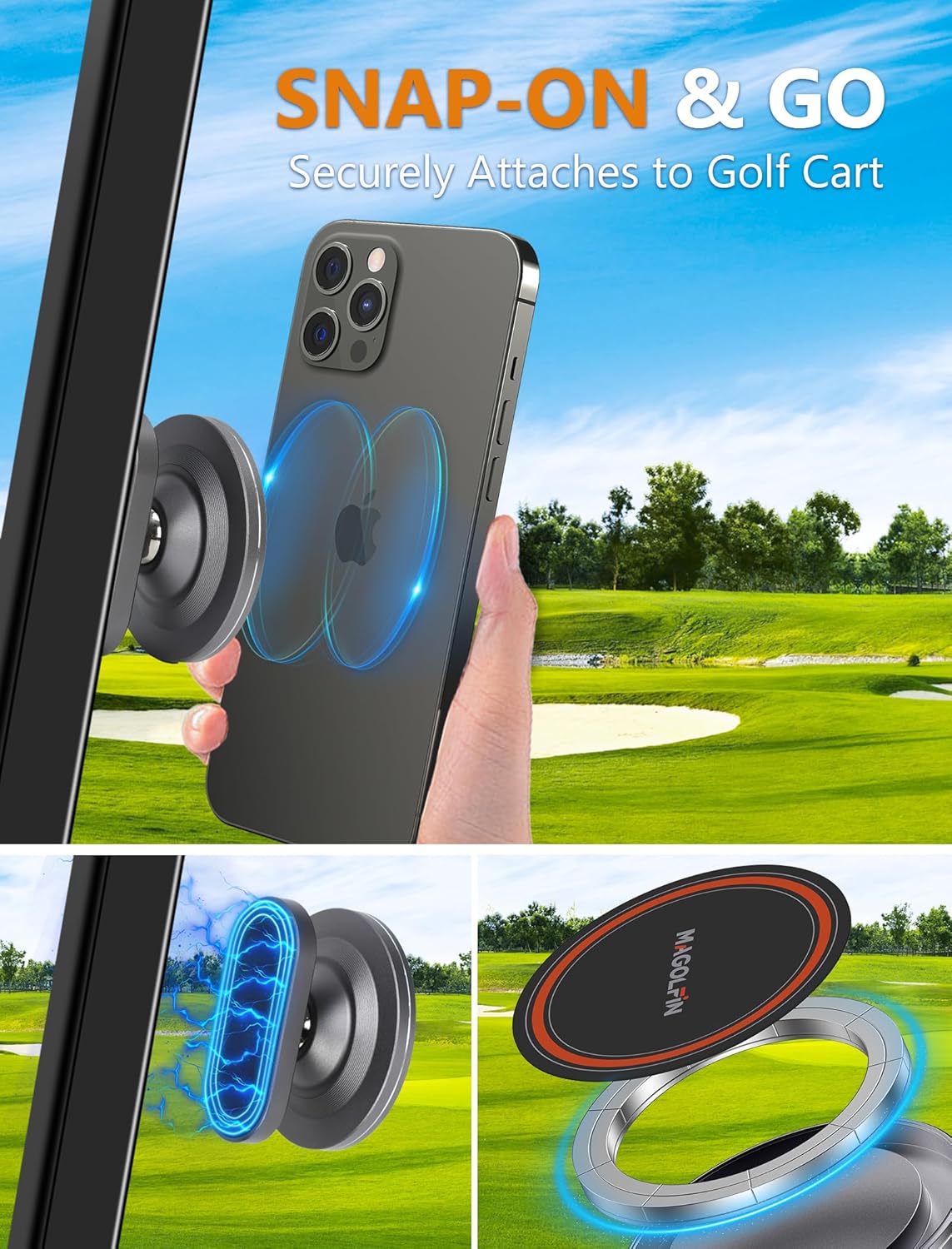 Aluminum Alloy Magnetic Golf Cart Phone Holder with N52 Magnets, Golf Accessories Compatible with MagSafe iPhone 16 Pro Max Plus 15 14 13 12 Mini Fits EZGO Yamaha Club Car Icon, Coolest Golf Gift