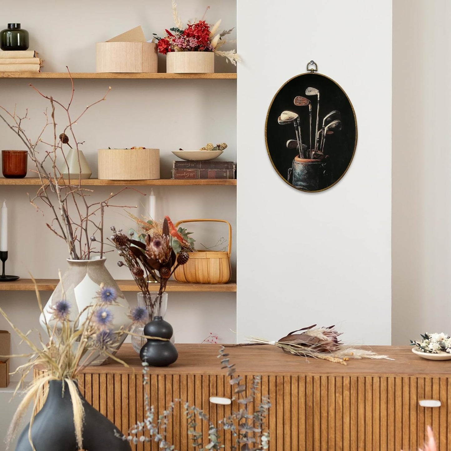 Vintage Golf Wall Art Decor, Golfing Gifts Framed Canvas Prints 8.6x11.4, Rustic Retro Classic Golf Bag Aesthetic Oval Wall Hanging Artwork Decorations for Home Bedroom Gym Man Cave Sport Room