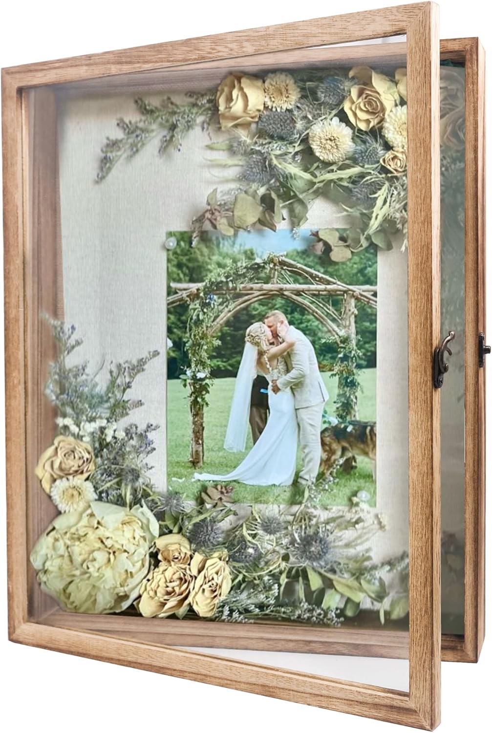 GraduatePro Shadow Box Frame 13x16 Display Case with Linen Back, Real Glass Window Door with Hinge, Picture Frame Wedding Bouquet Memorabilia Medals Photos Memory Box for Keepsakes, Carbonized Black