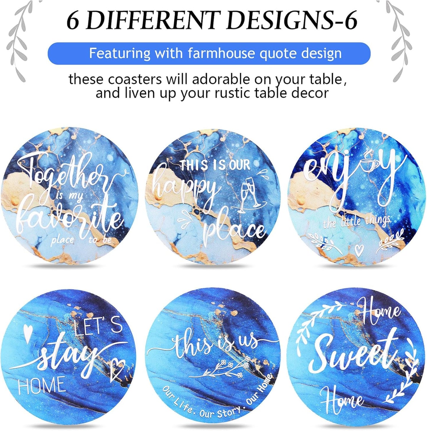 Queekay Housewarming Gifts for Home Decoration Wooden Heart Coasters for Drinks 6 Set Farmhouse Coasters with Holder Funny for Family Coffee Table Protection, 4''(Gilded Blue)