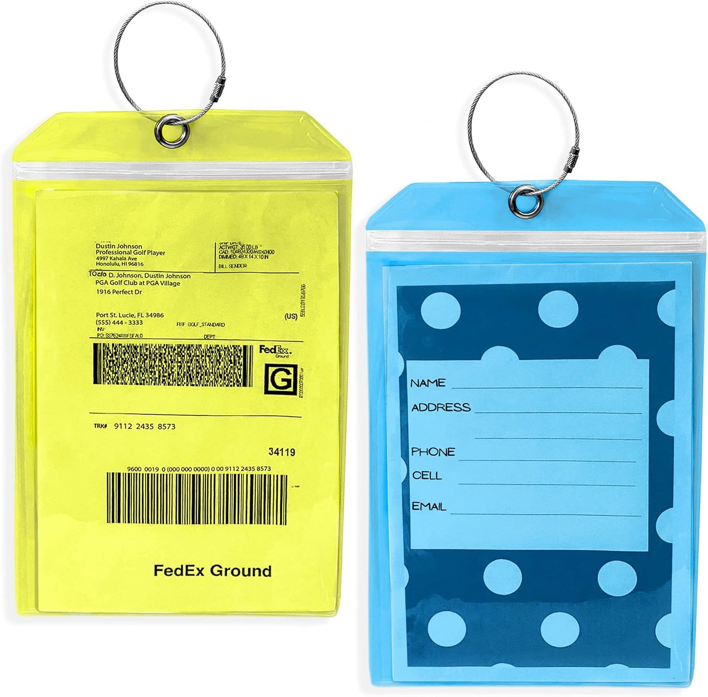 Golf Luggage Tag - Set of 2 Bag Tags Set Extra Large 9" x 6" - Plastic Waterproof Zipper Pouch - PVC Baggage Tag Sleeve for Travel and Shipping Golf Bag - Sealable Personalized Ship Sticks Insert