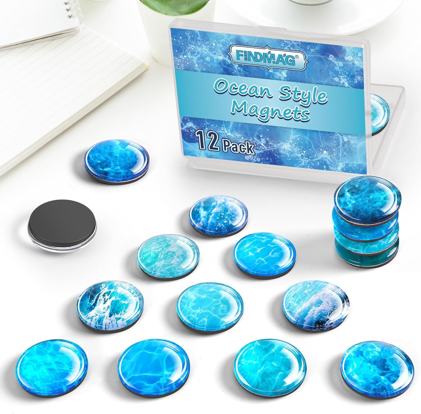 12 Pcs Glass Fridge Magnets Sticker, Cute Refrigerator Magnet, Small Whiteboard Magnets, Strong Fridge Magnets for Classroom, Kitchen, Office, Home and Cabinet (Ocean)