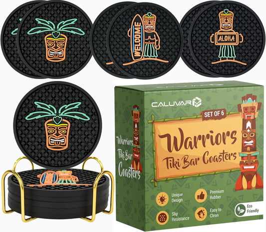 Tiki Bar Warriors Coasters Set of 6 with Holder, Bar Decor Silicone Coasters with Welcome, Aloha and Warrior, Luau and Hawaiian Decor Black Coaster, Outdoor Tiki Rubber Decorations