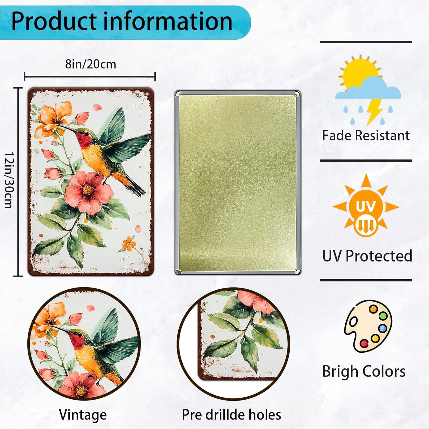 Anique Metal Tin Sign Hummingbird Watercolor Colorful Bird Metal Sign Hummingbird Art Decor Hummingbird Paradise Wall Sign 8x12 Inch