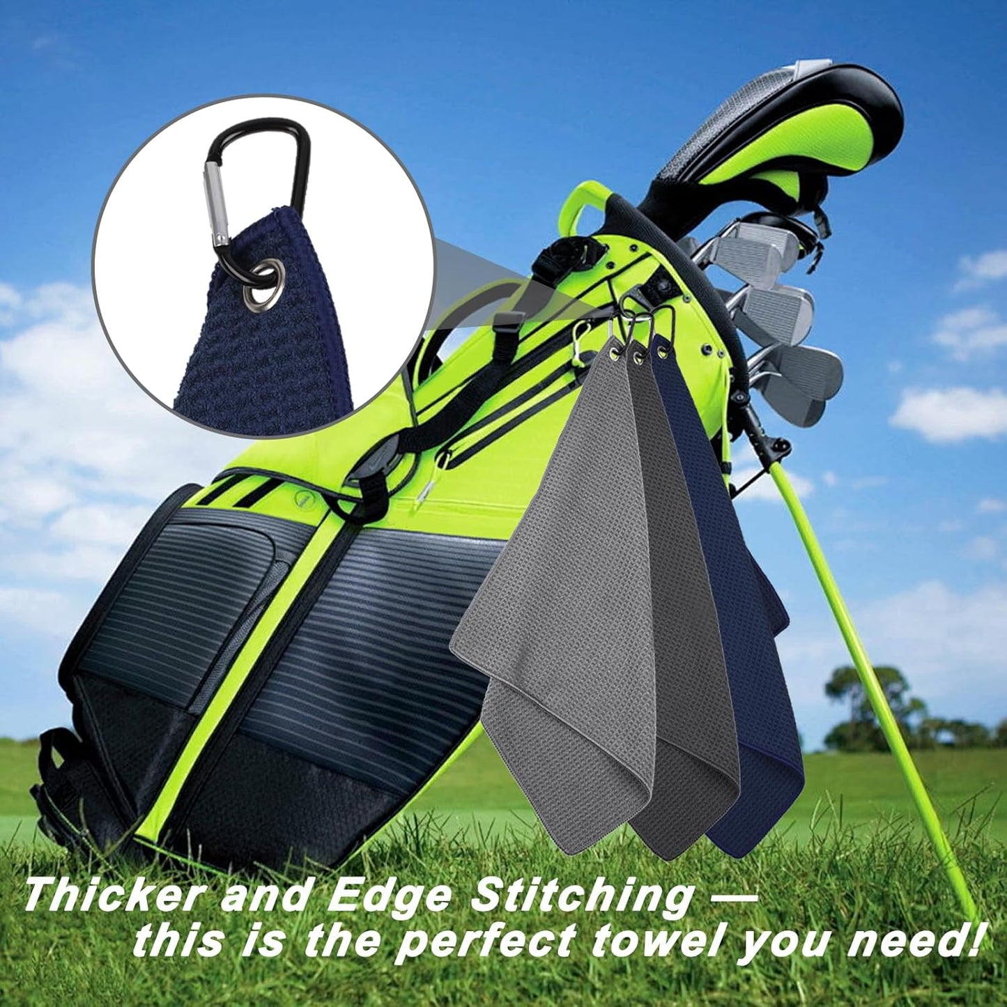 3 Pack 16" X 16" Waffle-Pattern Golf Towels with Carabiner Clip, Super Absorbent Microfiber, Sky Blue