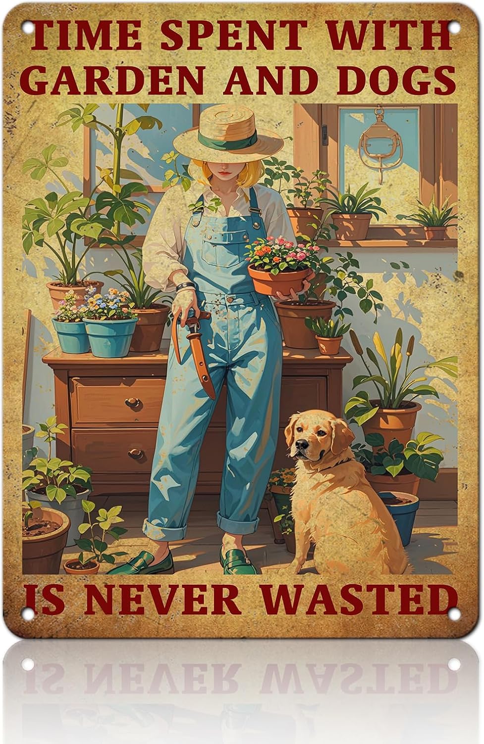 Vintage Garden Time Spent with Garden and Dogs is Never Wasted Metal Tin Sign 8x12 Inch Home Restaurant Wall Decor