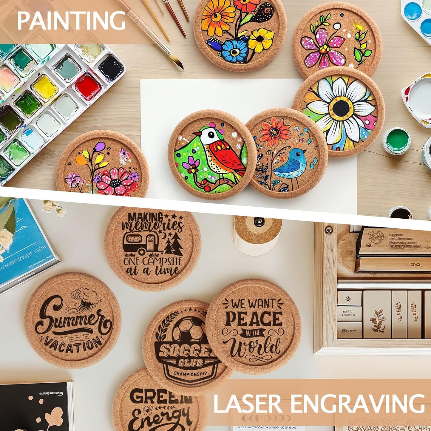 Cork Coasters for Drinks with Metal Holder, GOH DODD Absorbent Blank Coasters Tabletop Protection Home Decor for Housewarming Gifts Wedding Laser Engraving Wood Burning, Set of 12, Round, 4 Inch