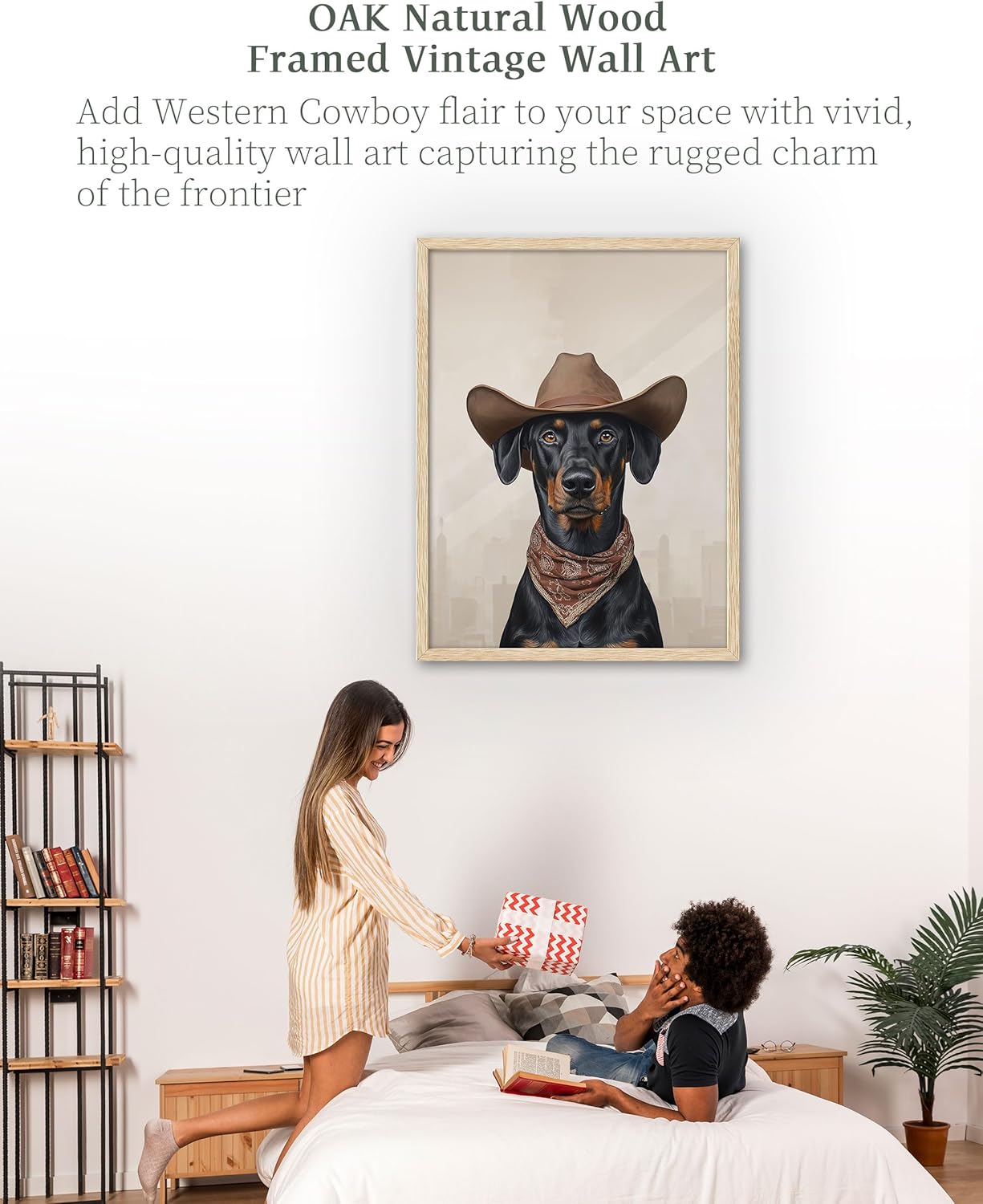 iHery Natural OAK Wood Doberman Dog Cowgirl Hat Framed Wall Art, 12x16 in Doberman Neutral Western Trendy Canvas Wall Art Decor For Bedroom, Funky Cute Dog Prints Bathroom Living Room Set of 1