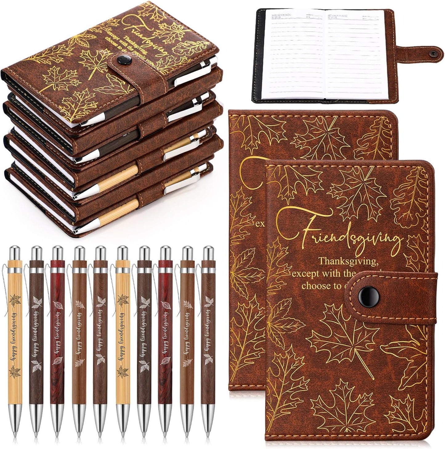 10 Sets/20 Pcs Friendsgiving Gift Bulk Thanksgiving Notebooks Maple Leaf A6 Leather Journals with Bamboo Pens Friendsgiving Party Favors Christmas Sisterhood Gift for Women Friends Bestie Sorority