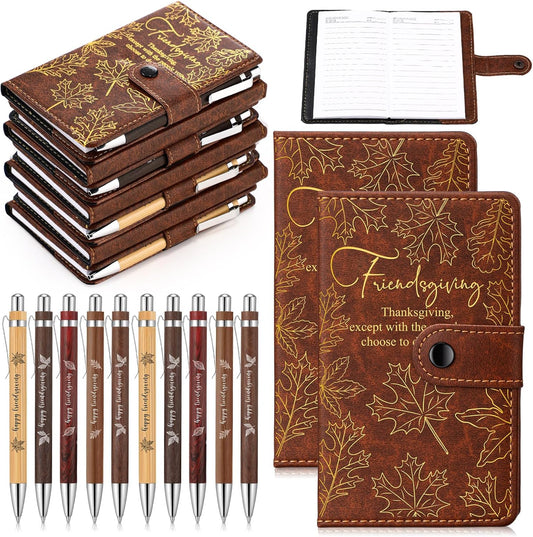 30 Sets/60 Pcs Friendsgiving Gift Bulk Thanksgiving Notebooks Maple Leaf A6 Leather Journal Notepads with Bamboo Pens Friendship Appreciation Gift Thanksgiving Party Favors for Friend Bestie Coworker