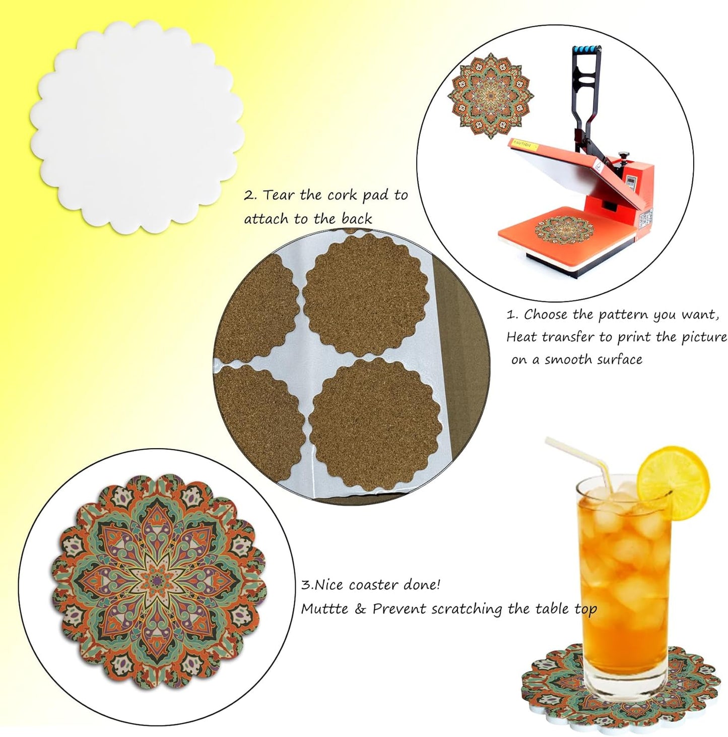 Sublimation Ceramic Coasters Blanks Bulk Round Flower Wavy Edges Drinks Coffee Cup Table Coaster, Absorbent Heat Transfer Ceramic Coaster Set for Home Decor with Cork Backing Pads (Wavy Edges 8 PCS)