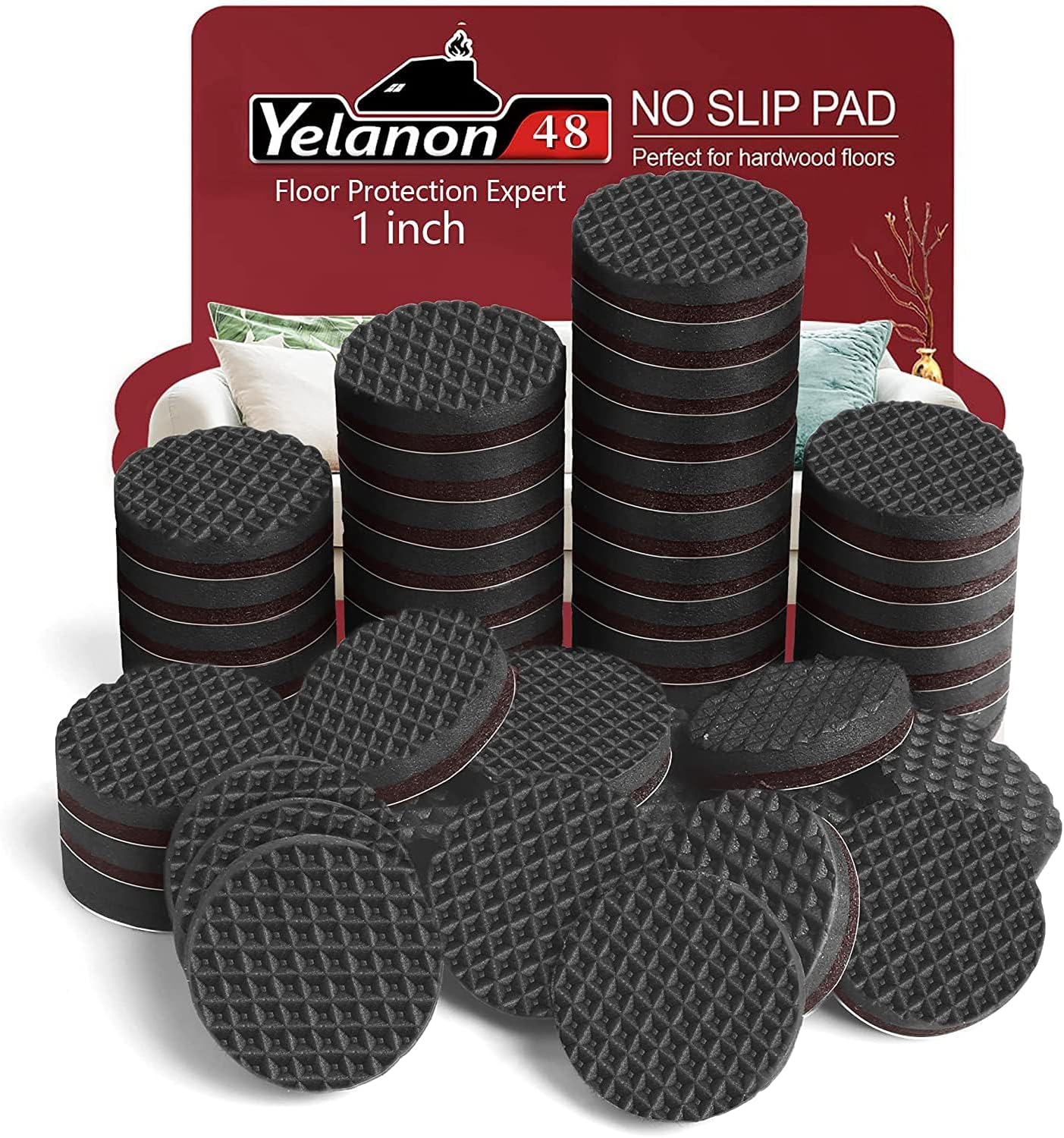 Yelanon Non Slip Furniture Pads - 48 pcs 1" Felt & EVA Furniture Grippers, Black, Round, Anti Slide Hardwood Floor Protector