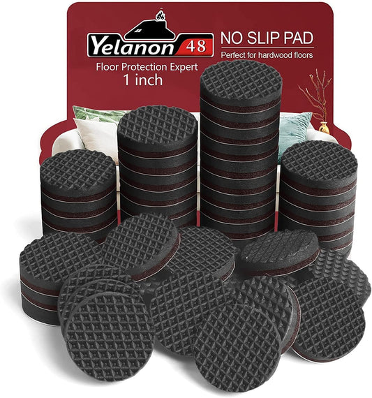 Yelanon Non Slip Furniture Pads - 48 pcs 1" Felt & EVA Furniture Grippers, Black, Round, Anti Slide Hardwood Floor Protector