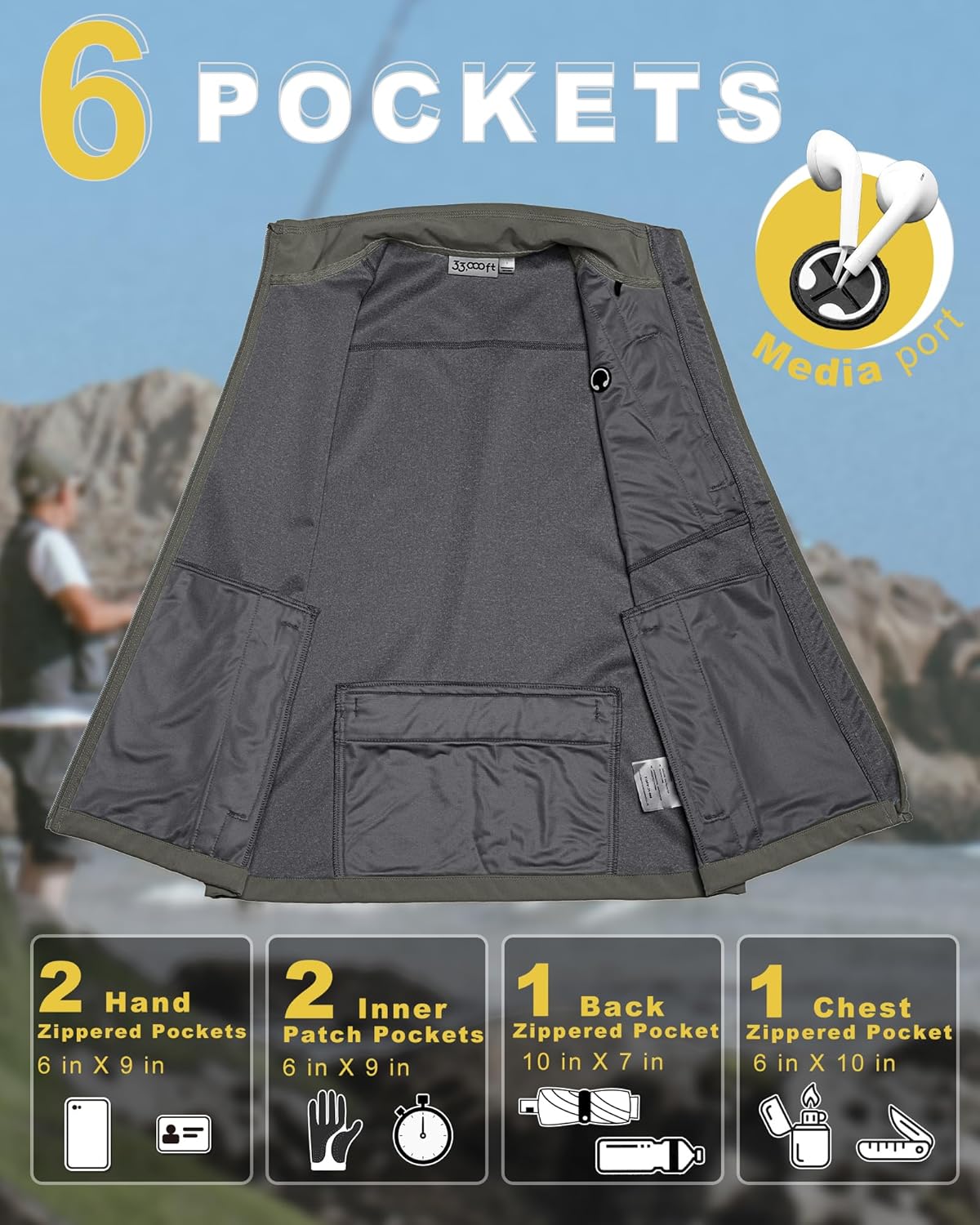 33,000ft Men's Windproof Lightweight Golf Vest Outerwear with Pockets, Softshell Sleeveless Jacket for Running Hiking Sports